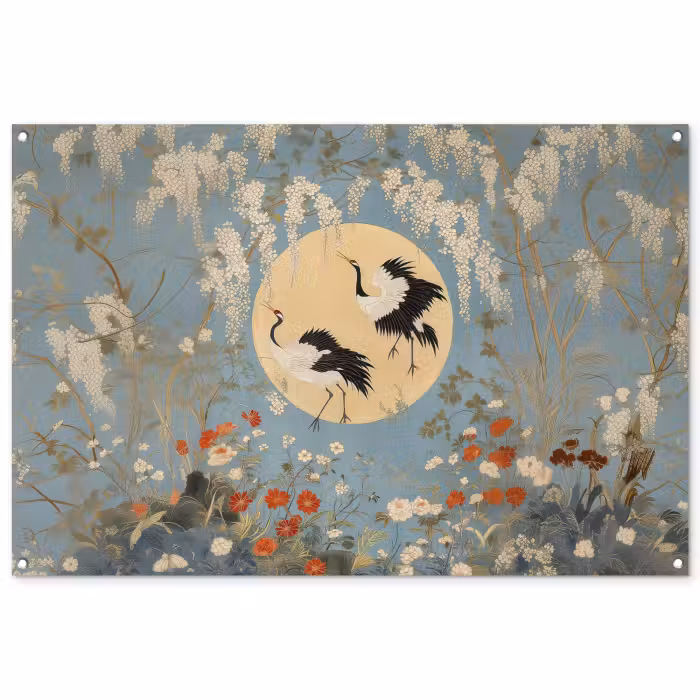 Tuinposter - Kraanvogels - Maan - Bloemen - Blauw