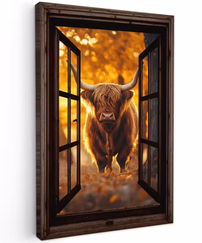Buiten canvas - Schotse hooglander - Bos - Herfst - Dieren - Natuur - Bladeren - Doorkijk