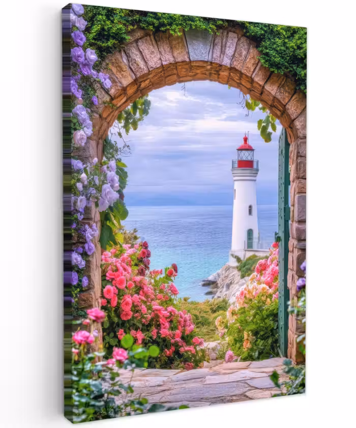 Buiten canvas - Doorkijk - Vuurtoren - Bloemen - Uitzicht