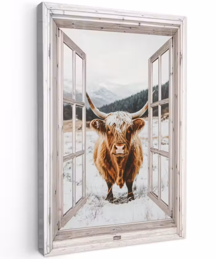 Buiten canvas - Schotse Hooglander - Winterlandschap - Landelijk - Bergen - Doorkijk