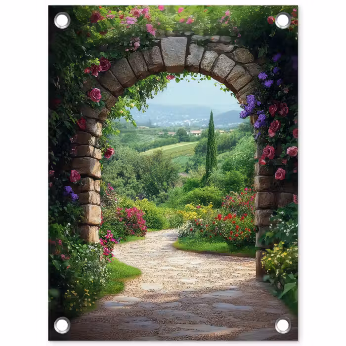Tuinposter - Doorkijk - Landschap - Bloemen - Pad - Uitzicht