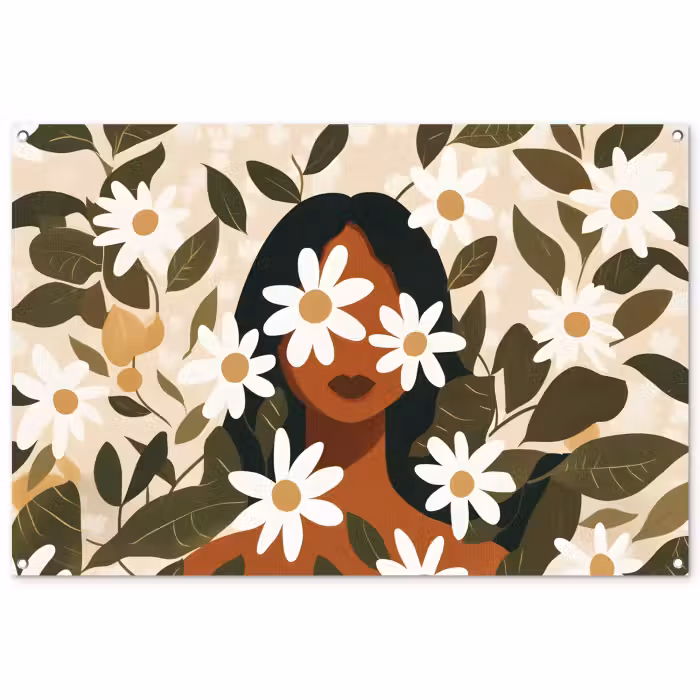 Tuinposter - Illustratie - Vrouw - Madeliefjes - Wit