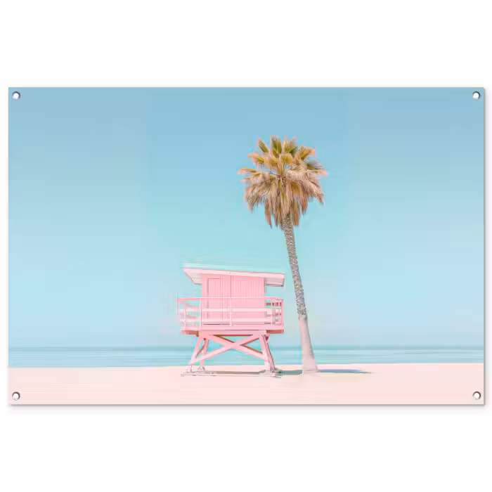 Tuinposter - Palmboom - Strandhuis - Roze