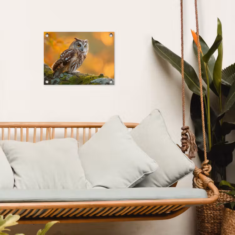 Tuinposter - Bosuil op Mosbegroeide Tak — 4