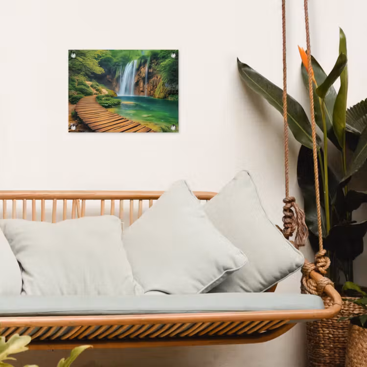 Tuinposter - Boswaterval met Houten Pad — 4
