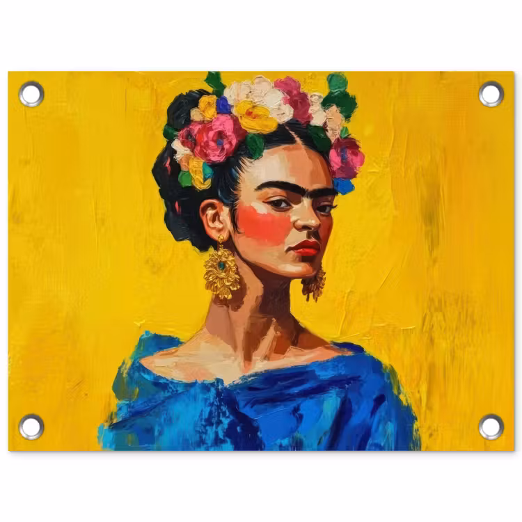 Tuinposter - Frida Kahlo - Vrouw - Geel - Blauw - Bloemen — 1