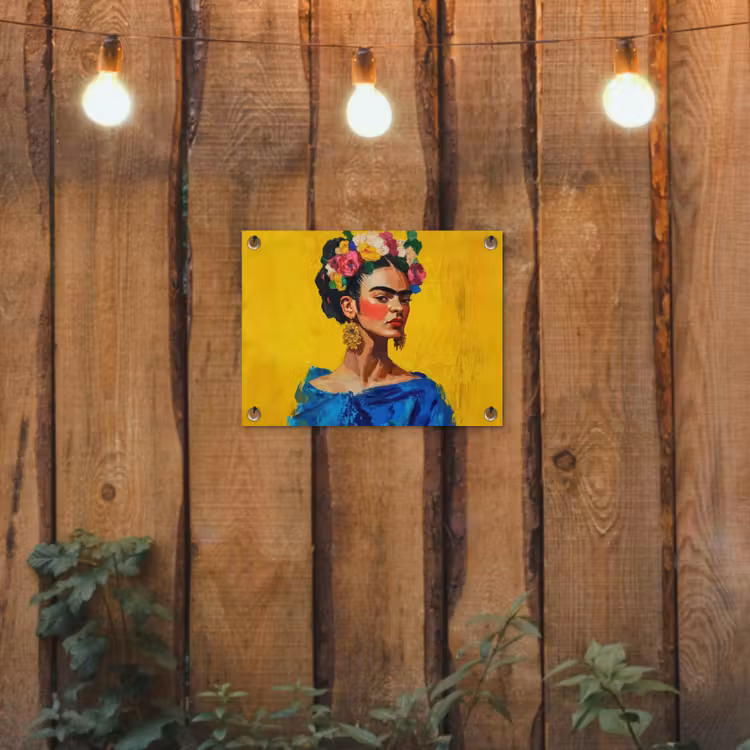 Tuinposter - Frida Kahlo - Vrouw - Geel - Blauw - Bloemen — 2
