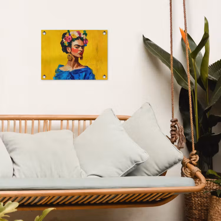 Tuinposter - Frida Kahlo - Vrouw - Geel - Blauw - Bloemen — 4