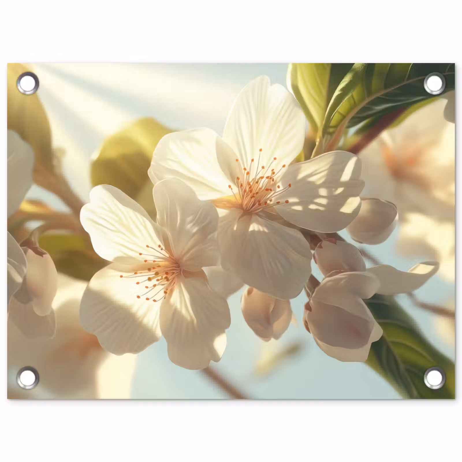 Tuinposter - Bloesems - Wit - Zonnestralen - Bloemblaadjes — 1