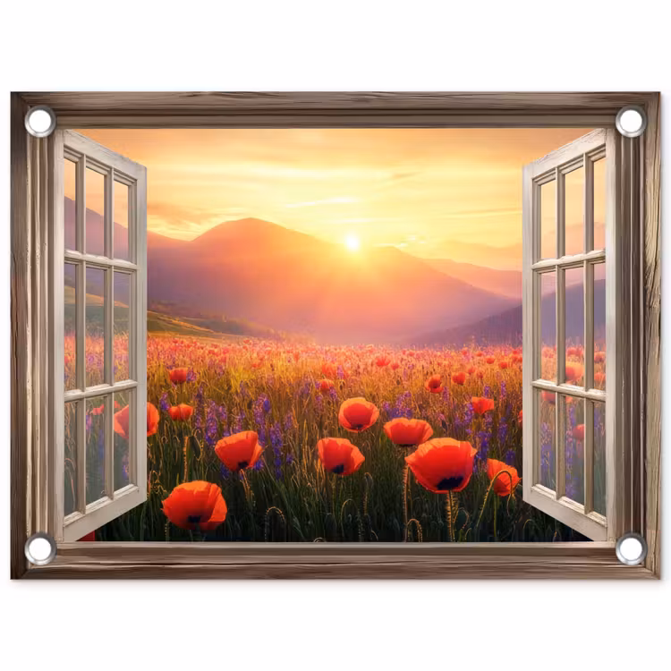 Tuinposter - Doorkijk - Klaprozen - Bloemen - Rood - Open raam — 1