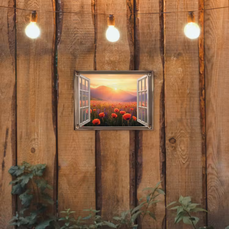 Tuinposter - Doorkijk - Klaprozen - Bloemen - Rood - Open raam — 2
