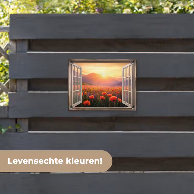 Tuinposter - Doorkijk - Klaprozen - Bloemen - Rood - Open raam — 6