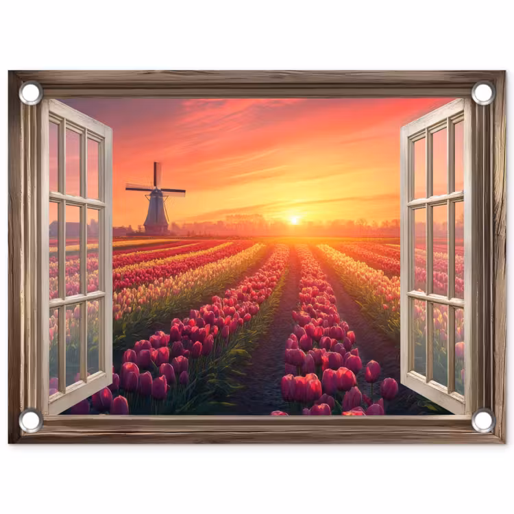 Tuinposter - Doorkijk - Tulpen - Zonsondergang - Bloemen - Kleurrijk — 1