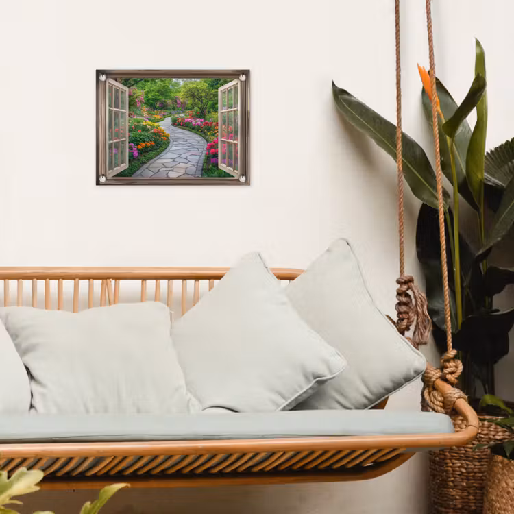 Tuinposter - Doorkijk - Bloemen - Tuinpad - Natuur - Raam — 4