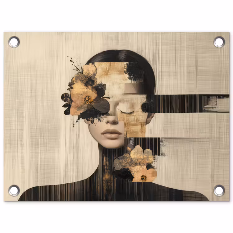 Tuinposter - Gezicht - Bloemen - Zwart - Vrouw — 1