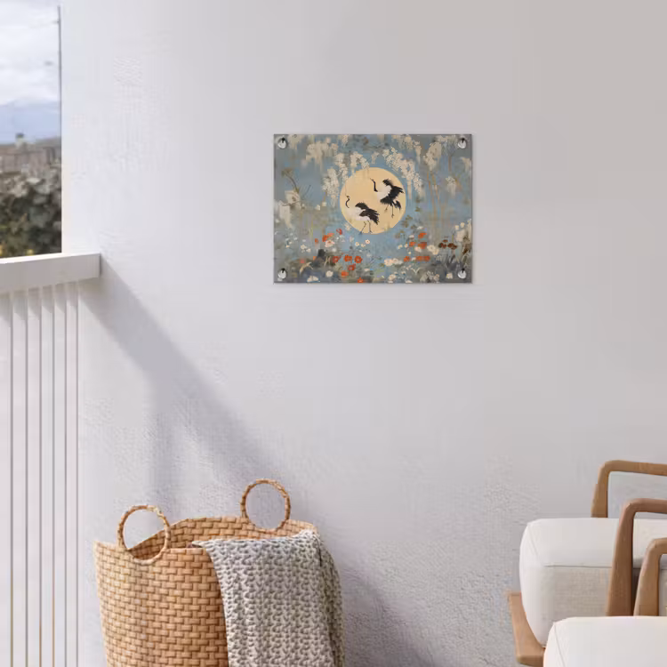 Tuinposter - Kraanvogels - Maan - Bloemen - Blauw — 5