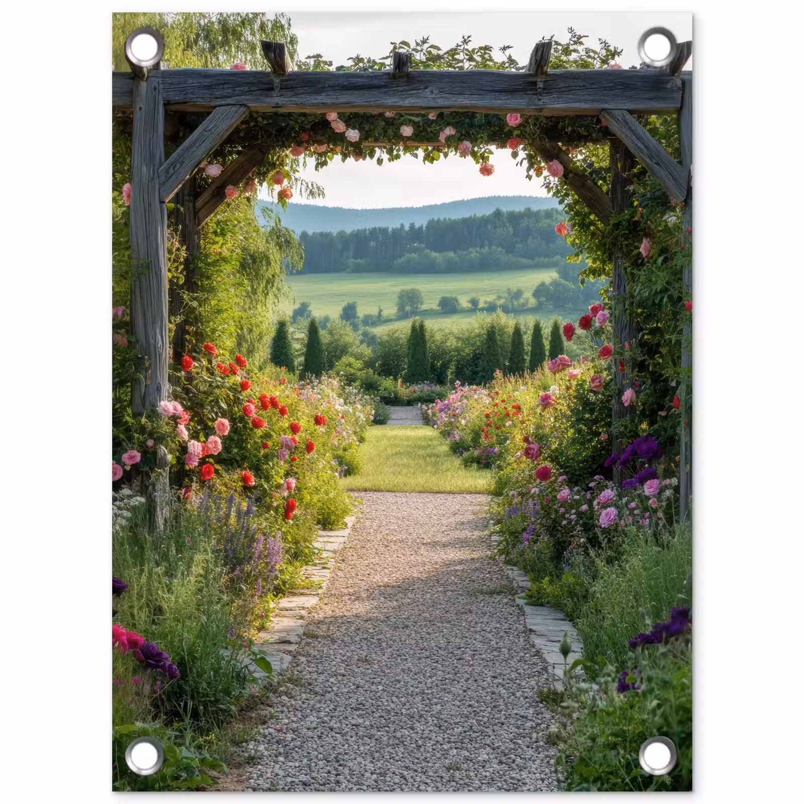 Tuinposter - Doorkijk - Landschap - Natuur - Tuinboog - Bloemen — 1