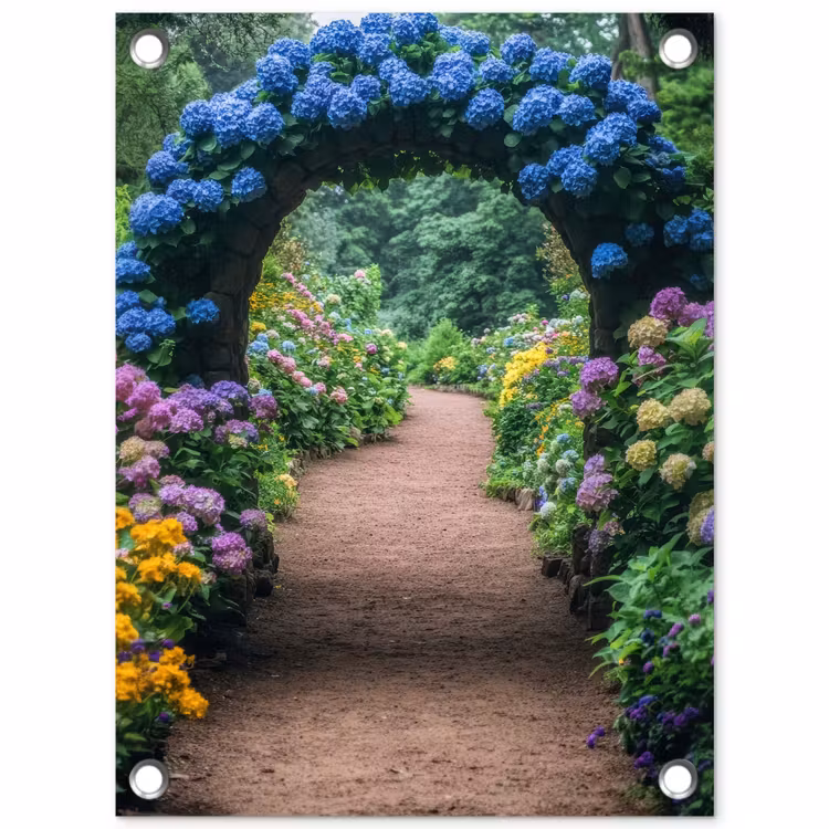 Tuinposter - Doorkijk - Bloemen - Hortensia - Pad — 1