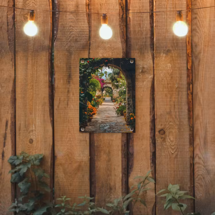 Tuinposter - Doorkijk - Bloemen - Poort - Stenen — 3