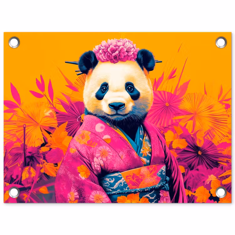 Tuinposter - Kimono - Roze - Panda - Bloemenkroon — 1