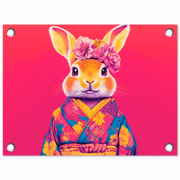 Tuinposter - Konijn - Bloemen - Kleurrijk - Kimono — 1