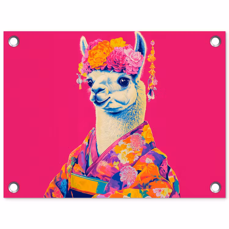 Tuinposter - Lama - Kimono - Bloemenkrans - Felroze — 1
