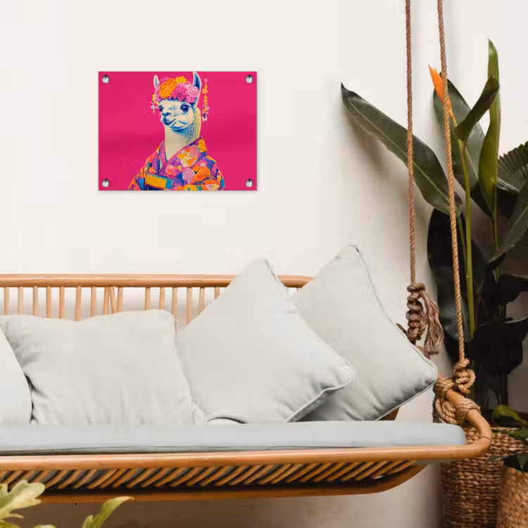 Tuinposter - Lama - Kimono - Bloemenkrans - Felroze — 4