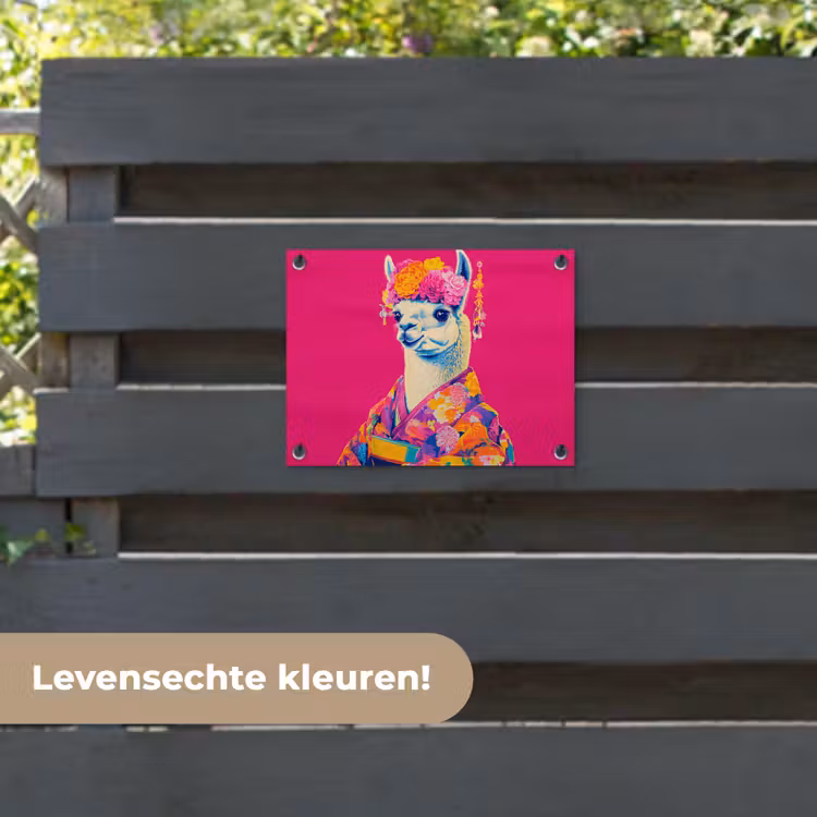 Tuinposter - Lama - Kimono - Bloemenkrans - Felroze — 6