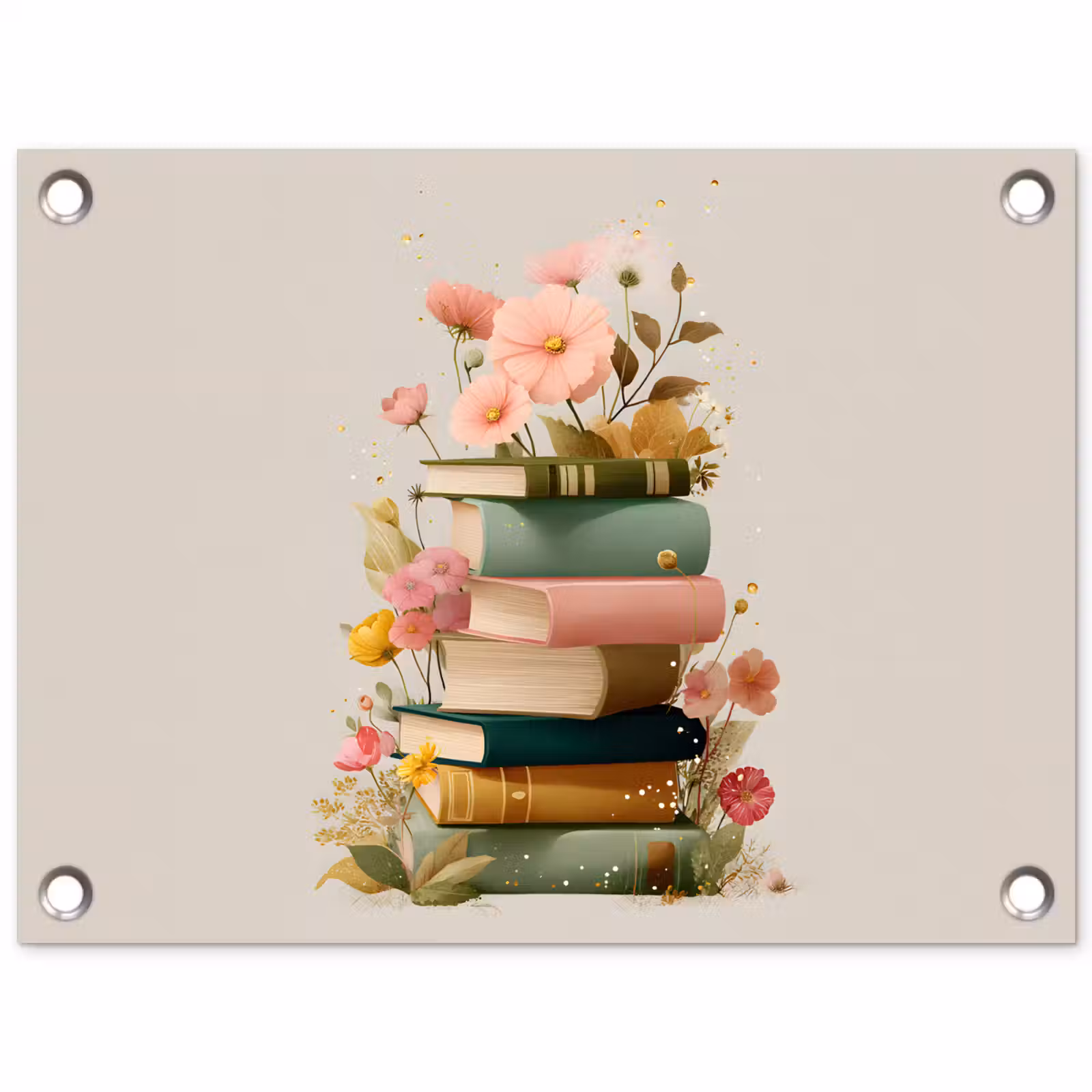 Tuinposter - Boeken - Stapel - Bloemen - Kleurrijk — 1