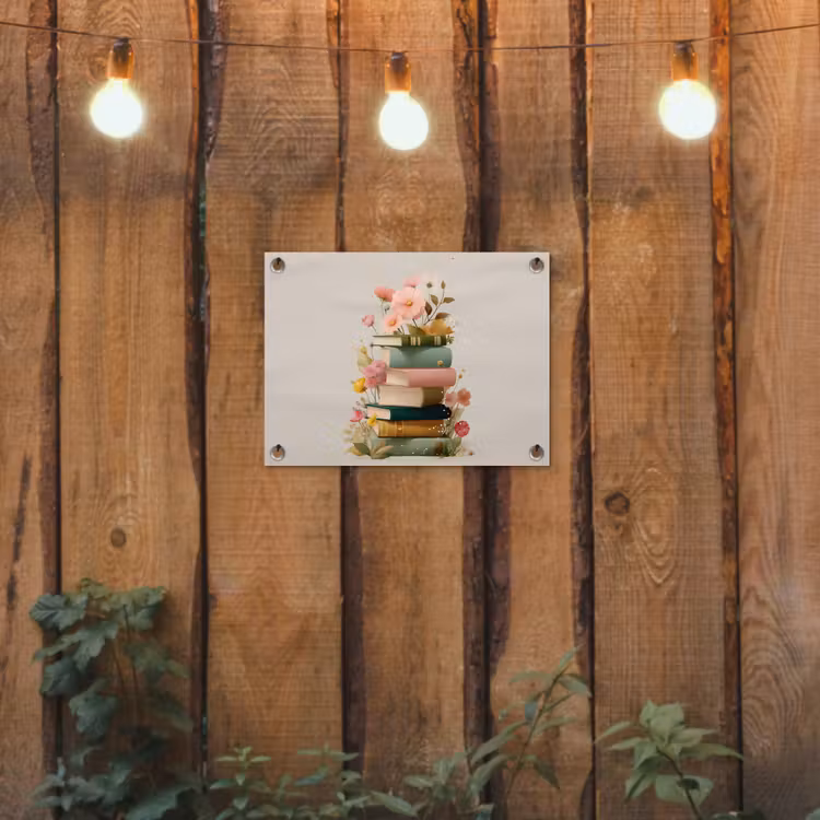 Tuinposter - Boeken - Stapel - Bloemen - Kleurrijk — 2