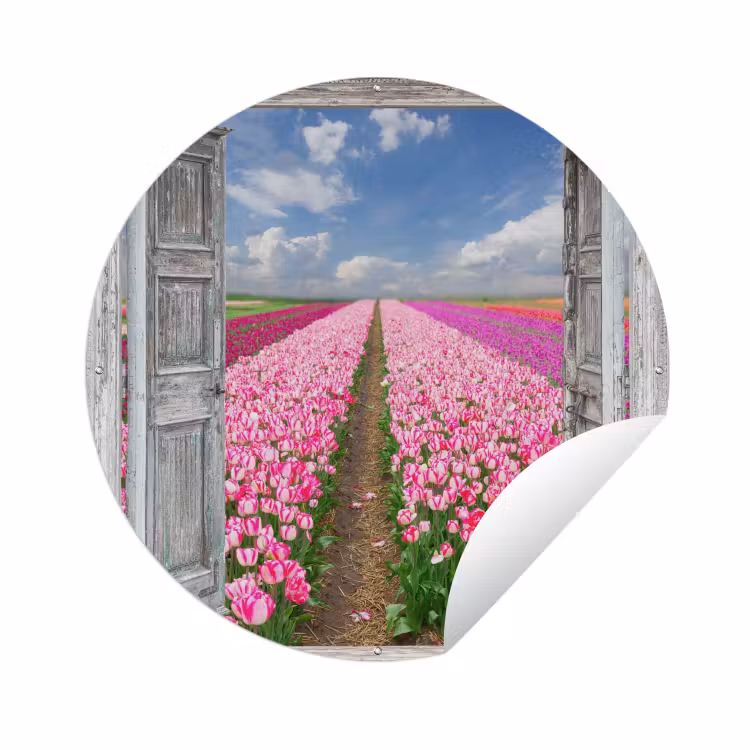 Tuinposter - Bloemen - Tulpen - Doorkijk - Regenboog — 1