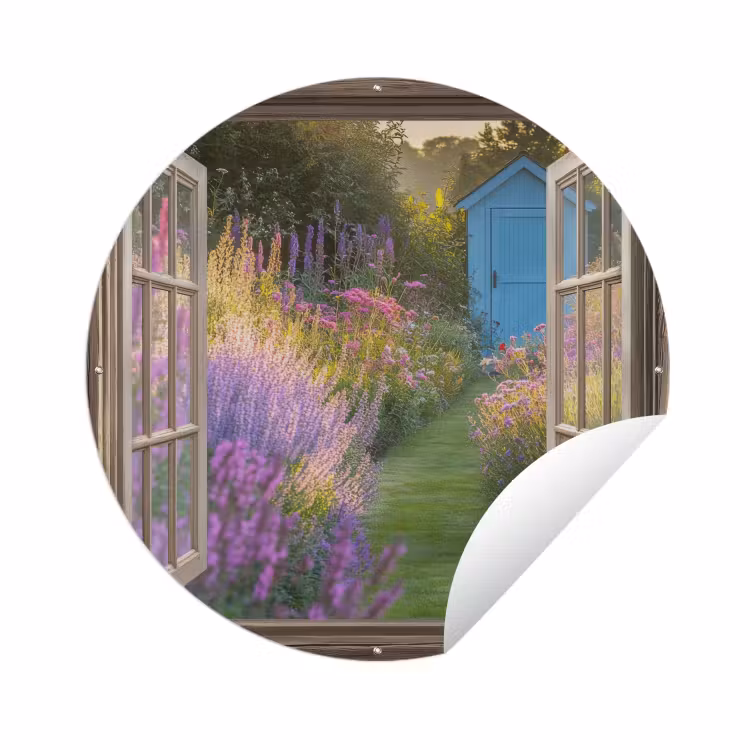Tuinposter - Doorkijk - Bloemen - Raam - Natuur — 1