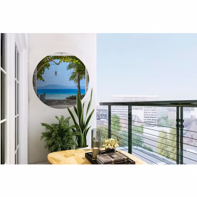 Tuinposter - Doorkijk - Boom - Zee - Palmboom - Heuvels - Strand - Blauw — 2
