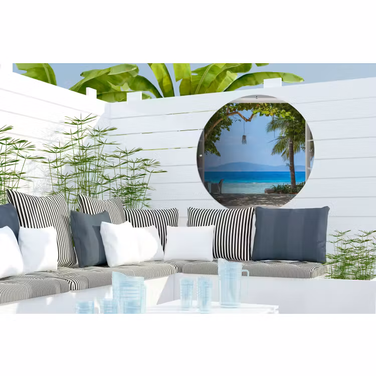 Tuinposter - Doorkijk - Boom - Zee - Palmboom - Heuvels - Strand - Blauw — 3