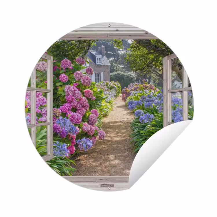 Tuinposter - Hortensia - Doorkijk - Bloemen - Zomer - Paars - Pad — 1