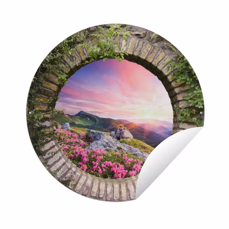 Tuinposter - Landschap - Bloemen - Doorkijk - Berg — 1