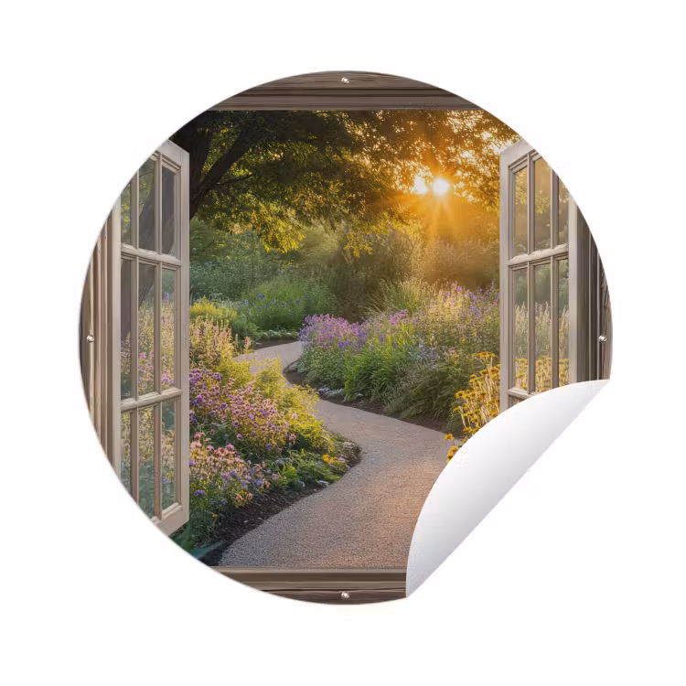 Tuinposter - Doorkijk - Bloemen - Natuur - Zon - Pad — 1