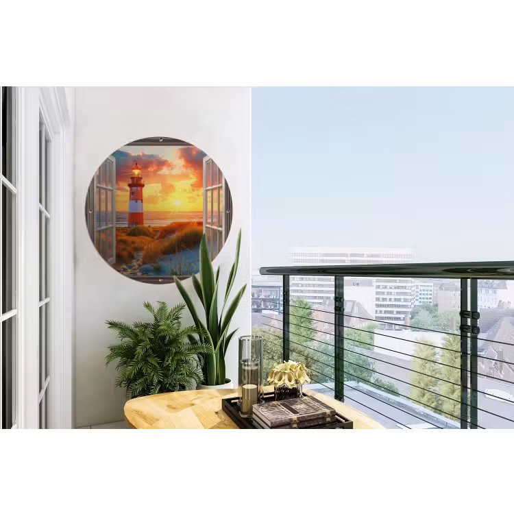 Tuinposter - Doorkijk - Raam - Vuurtoren - Zonsondergang - Strand — 2