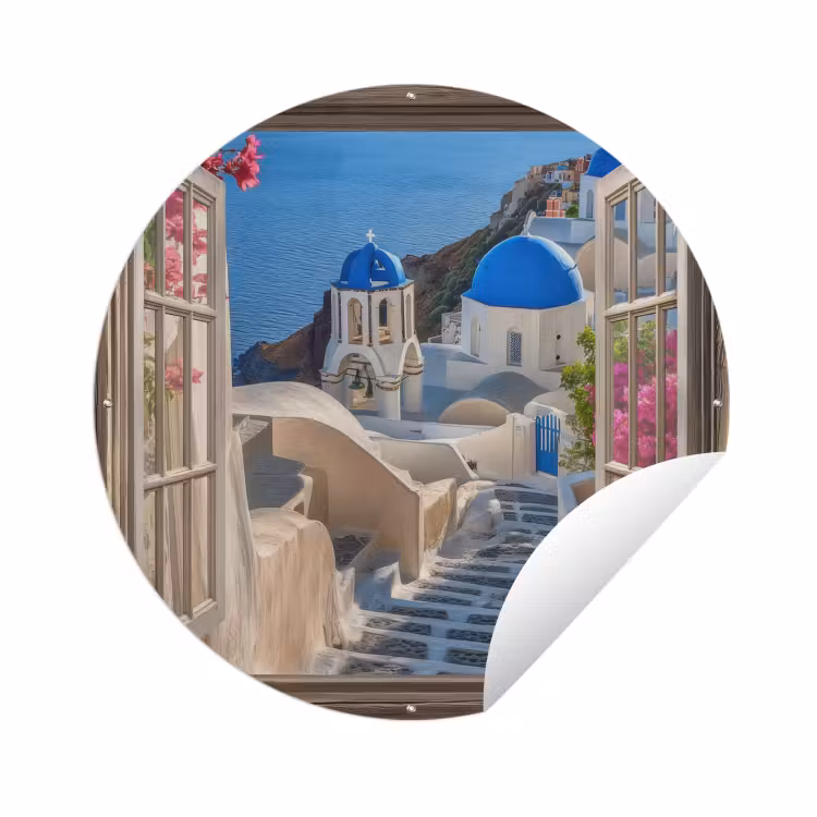 Tuinposter - Doorkijk - Santorini - Landschap - Blauw - Grieks — 1