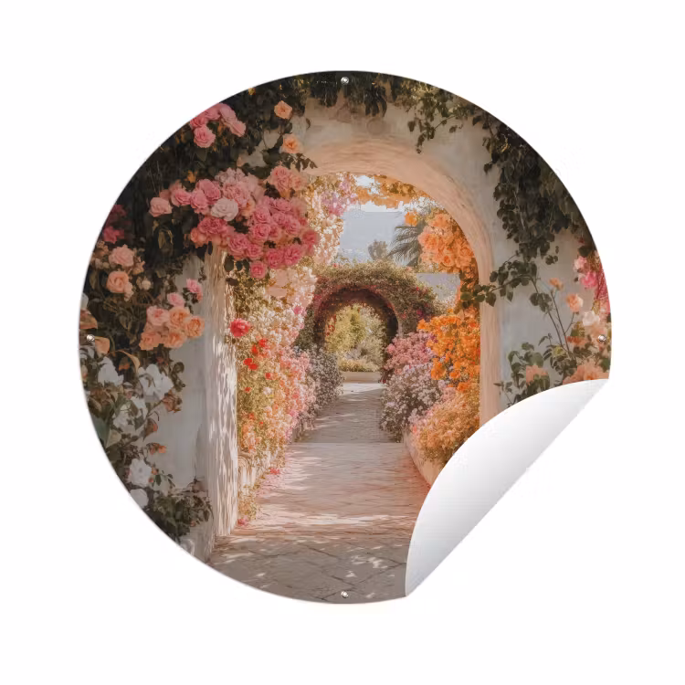 Tuinposter - Doorkijk - Boog - Bloemen - Pastel — 1