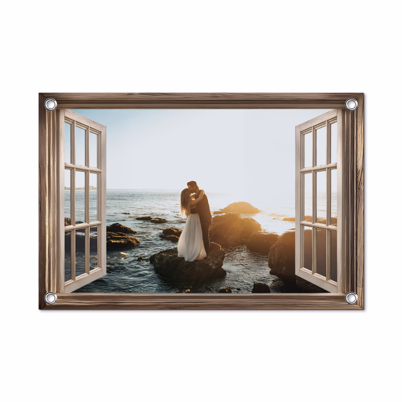 Tuinposter doorkijk met eigen foto - Bruin raam — 1