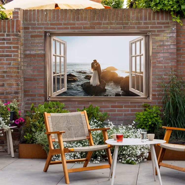 Tuinposter doorkijk met eigen foto - Bruin raam — 3