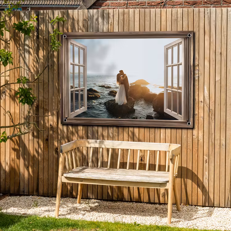 Tuinposter doorkijk met eigen foto - Bruin raam — 4