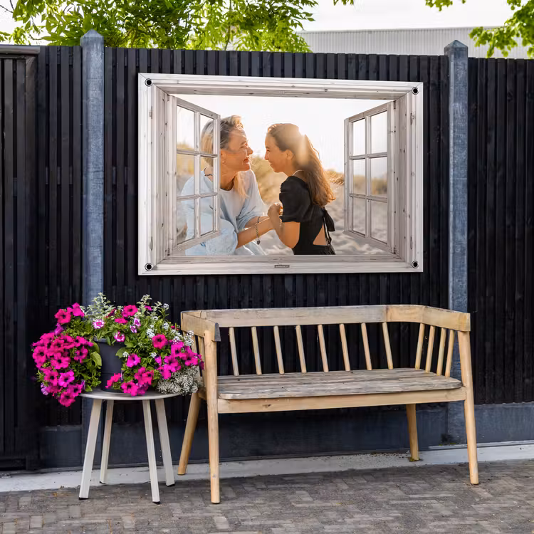 Tuinposter doorkijk met eigen foto - Wit raam — 2