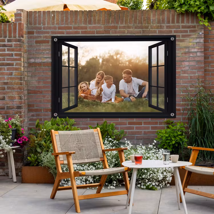 Tuinposter doorkijk met eigen foto - Zwart raam — 2