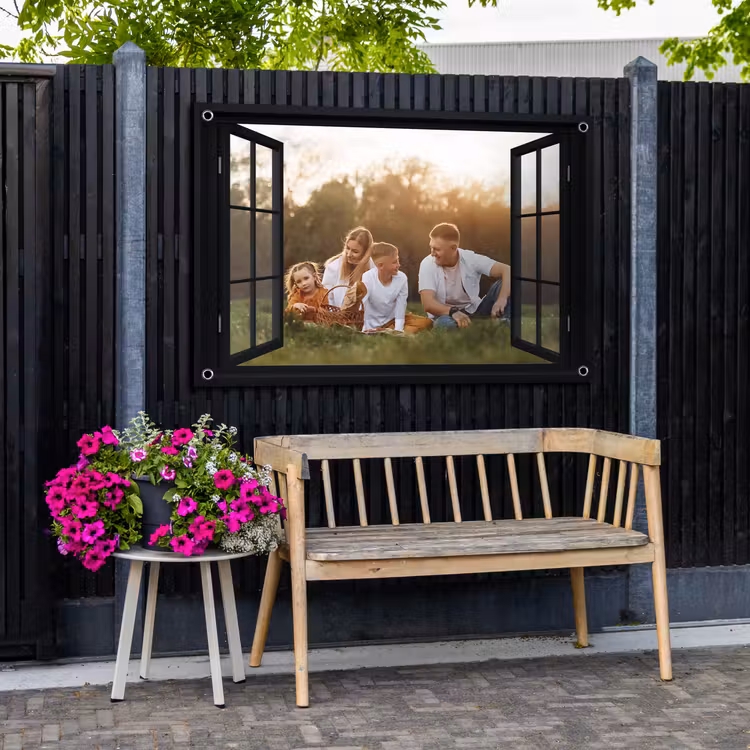 Tuinposter doorkijk met eigen foto - Zwart raam — 3