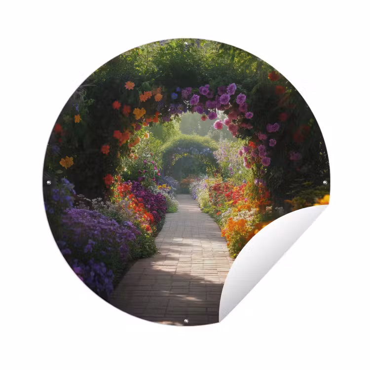 Tuinposter - Doorkijk - Pad - Bloemen - Struik - Kleurrijk — 1