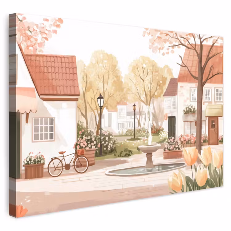 Buiten canvas - Dorpsplein - Fontein - Tulpen — 1