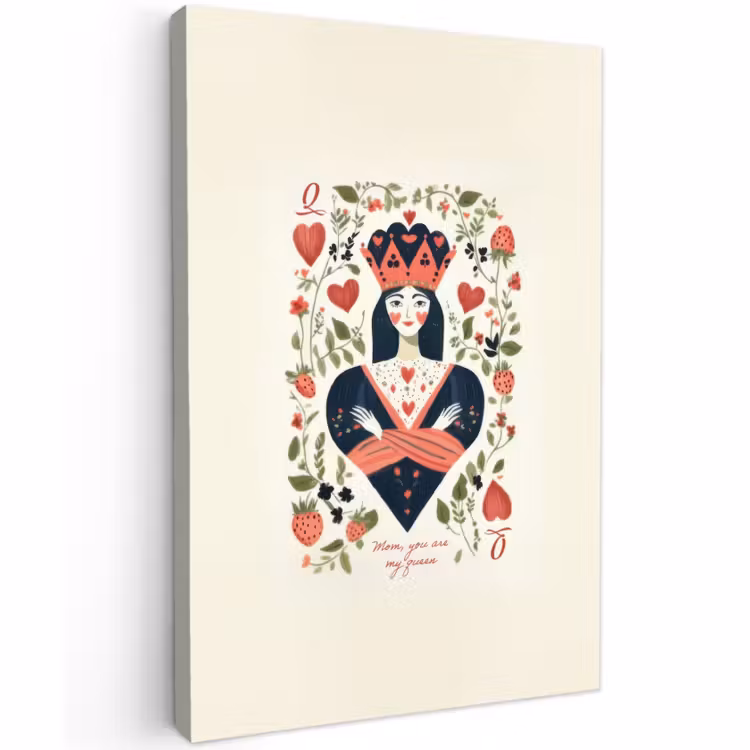 Buiten canvas - Speelkaart - Hartenkoningin - Bloemen - Hartjes — 1
