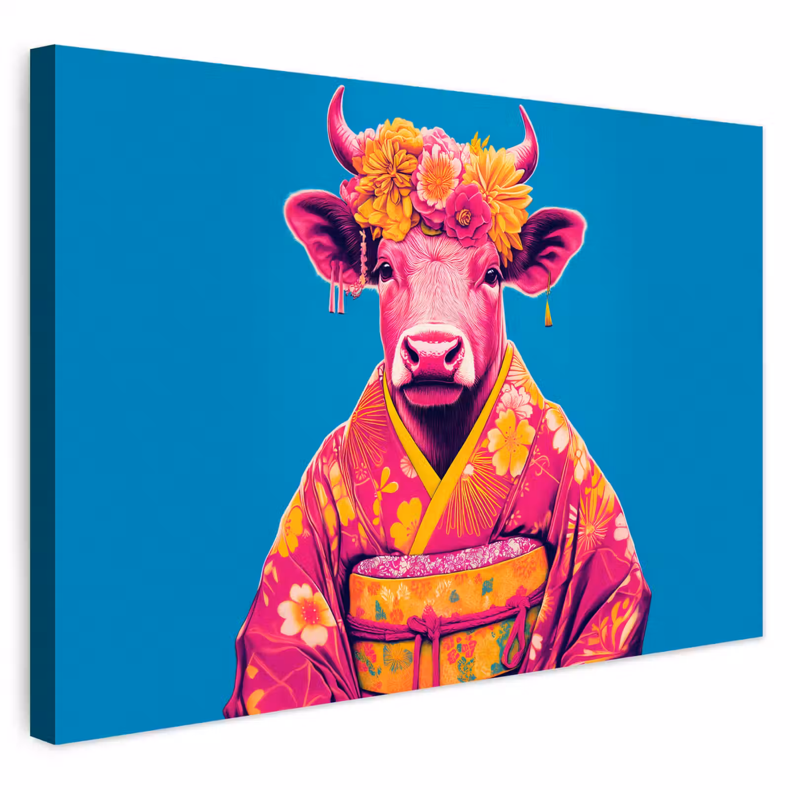 Buiten canvas - Koe - Bloemenkrans - Oorhangers - Kimono — 1
